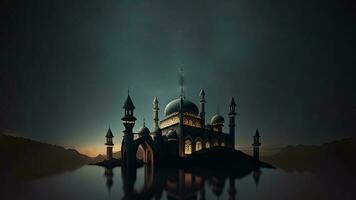 Aussicht von Moschee im sternenklar Nacht, Moschee Betrachtung im das Wasser. islamisch religiös Konzept. 3d machen. foto