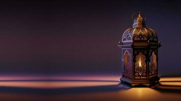 realistisch beleuchtet Arabisch Laterne auf lila und golden Hintergrund. islamisch religiös Konzept. 3d machen. foto