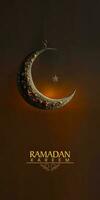 Ramadan kareem Banner Design mit 3d machen von hängend Halbmond Mond und Star auf dunkel Hintergrund. foto