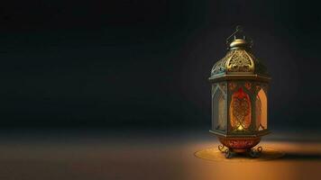realistisch beleuchtet Arabisch Laterne auf schwarz Hintergrund. islamisch religiös Konzept. 3d machen. foto