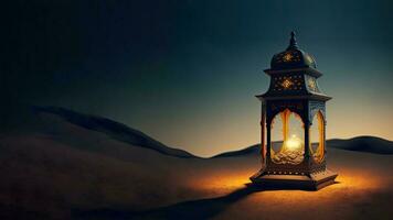 3d machen von beleuchtet Arabisch Lampe auf Sand Düne. islamisch religiös Konzept. foto
