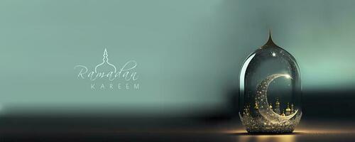 Ramadan kareem Banner Design mit 3d machen von schön glänzend Halbmond Mond und Moschee Innerhalb Glas Laterne. foto