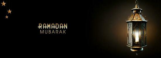 Ramadan kareem Banner Design mit 3d machen von beleuchtet Arabisch Lampe hängen auf dunkel Hintergrund. foto