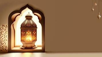 3d machen von beleuchtet Arabisch Laterne im Fenster Bogen. islamisch religiös Konzept. foto