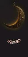 Ramadan Mubarak Vertikale Banner mit 3d machen von hängend elegant Halbmond Mond, Sterne. foto