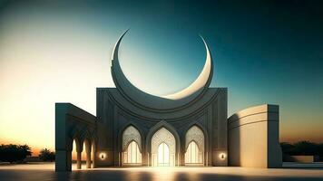 3d machen von exquisit Moschee mit Halbmond Mond Kopieren Raum. islamisch religiös Konzept. foto