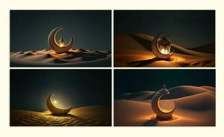 Sammlung von exquisit Halbmond Mond mit beleuchtet Arabisch Lampe auf Düne Landschaft. 3d machen. foto