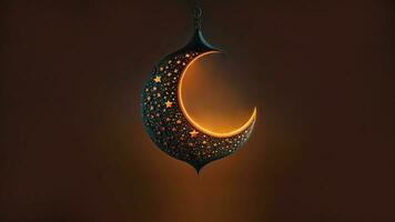 3d machen von hängend exquisit glänzend geschnitzt Mond mit Sterne auf dunkel Hintergrund. islamisch religiös Konzept. foto