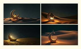 Sammlung von exquisit Halbmond Mond mit beleuchtet Arabisch Lampe auf Düne Landschaft. 3d machen. foto