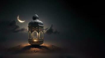 3d machen von Arabisch Lampe auf Düne und realistisch Halbmond Mond. islamisch religiös Konzept. foto