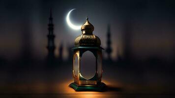 3d machen von beleuchtet Arabisch Lampe auf Halbmond Mond Nacht Sicht. islamisch religiös Konzept. foto