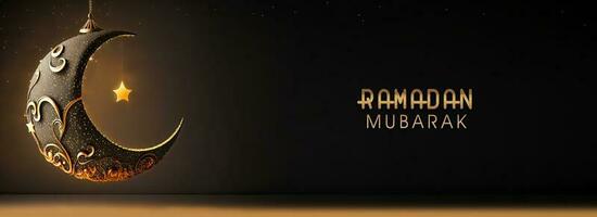 Ramadan Mubarak Banner Design mit golden glitzernd Text, 3d machen von exquisit Halbmond Mond und hängend golden glänzend Stern. foto