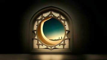 3d machen von golden Halbmond Mond Innerhalb islamisch Fenster und Kopieren Raum. islamisch religiös Konzept. foto