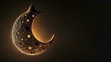 3d machen von hängend exquisit geschnitzt Mond mit Star auf dunkel Hintergrund. islamisch religiös Konzept. foto