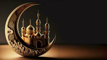 3d machen von Papier Schnitt Halbmond Mond mit schön Moschee auf dunkel Hintergrund. islamisch religiös Konzept. foto