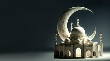 3d machen von exquisit Moschee und Halbmond Mond auf dunkel Hintergrund. islamisch religiös Konzept. foto