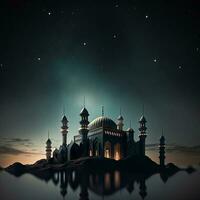Aussicht von Moschee im sternenklar Nacht, Moschee Betrachtung im das Wasser. islamisch religiös Konzept. 3d machen. foto