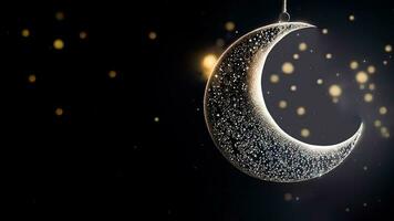 3d machen von exquisit Halbmond Mond hängen auf Beleuchtung Bokeh Hintergrund. islamisch religiös Konzept. foto