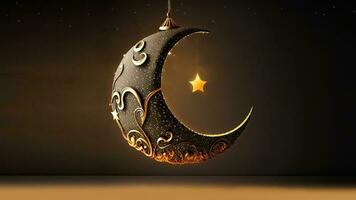 3d machen von exquisit Halbmond Mond mit hängend golden glänzend Stern. islamisch religiös Konzept. foto