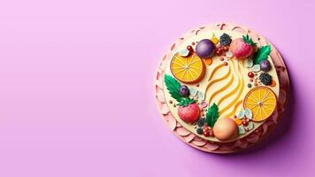 3d machen, oben Aussicht von schön Obst Kuchen auf Pastell- lila und Orange Grunge Hintergrund. foto