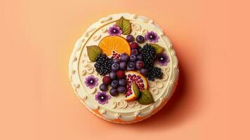 3d machen, oben Aussicht von schön Obst Kuchen auf Pastell- Orange und lila Hintergrund. foto