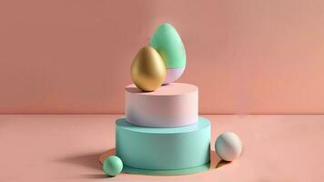 3d machen von Sanft Farbe Eier auf kreisförmig Podium gegen Pastell- Rosa Hintergrund und Kopieren Raum. glücklich Erleichterung Tag Konzept. foto
