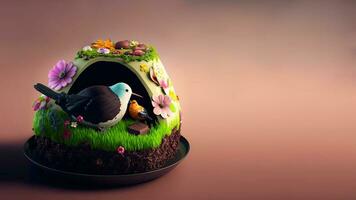 3d machen von süß Vögel Charakter gegen Ei gestalten Blume Landschaft auf Pastell- Rosa Hintergrund und Kopieren Raum. Ostern Konzept. foto
