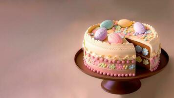 3d machen von Sanft Farbe Blumen und Ostern Eier dekorativ Kuchen auf Pastell- Rosa Hintergrund und Kopieren Raum. Ostern Tag Feier Konzept. foto
