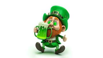 3d machen von Kobold Mann Charakter Trinken Bier im Sitzung Pose und Kopieren Raum. st. Patrick's Tag Konzept. foto