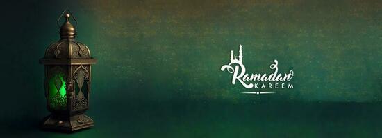 Ramadan kareem Banner Design mit beleuchtet Arabisch Lampe auf Grün glänzend Hintergrund. 3d machen. foto