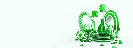 3d machen von Kleeblatt Pflanze Vasen mit Cocktail Glas, Bälle dekoriert Hintergrund und Kopieren Raum. st. Patrick's Tag Konzept. foto