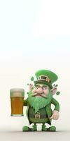 3d machen von Kobold Mann halten Bier Glas und Kopieren Raum. st. Patrick's Tag Konzept. foto