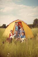 Camping im das Berge. Aquarell ein Familie im Natur Landschaft, Berg ,Abenteuer, Reisen Wohnwagen Camping generativ ai. foto