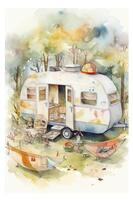 Camping im das Berge. Aquarell ein Familie im Natur Landschaft, Berg ,Abenteuer, Reisen Wohnwagen Camping generativ ai. foto