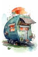 Camping im das Berge. Aquarell ein Familie im Natur Landschaft, Berg ,Abenteuer, Reisen Wohnwagen Camping generativ ai. foto