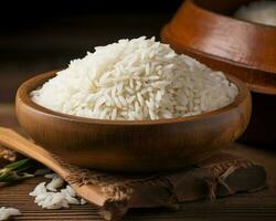 Weiß Reis hölzern Schüssel. generieren ai foto