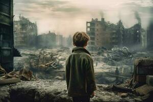 Militär- Kind ruiniert Stadt. generieren ai foto
