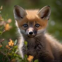 ein breit Augen Fuchs Jungtier inmitten ein Blühen Landschaft ai generiert foto