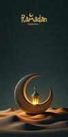 Ramadan Mubarak Banner Design mit 3d machen, mit exquisit Halbmond Mond und beleuchtet Arabisch Lampe auf Sand Düne. foto