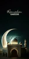 Ramadan kareem Banner Design, exquisit Halbmond Mond mit geschnitzt Moschee auf Nacht Hintergrund. 3d machen. foto