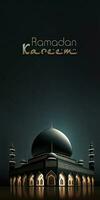 Ramadan kareem Banner Design, 3d machen von exquisit Moschee mit Halbmond Mond im Nacht. foto