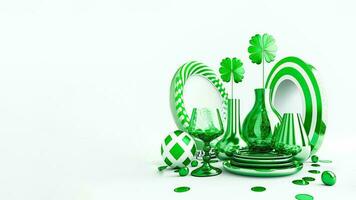 3d machen von Kleeblatt Pflanze Vasen mit Cocktail Glas, Bälle dekoriert Hintergrund und Kopieren Raum. st. Patrick's Tag Konzept. foto