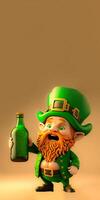 3d machen von heiter Kobold Mann Charakter halten Alkohol Flasche und Kopieren Raum. st. Patrick's Tag Konzept. foto