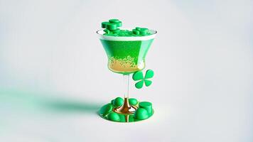 3d machen von Grün Kleeblatt Blätter dekorativ Cocktail trinken Glas und Kopieren Raum. st Patricks Tag Konzept. foto