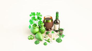 3d machen von Kuchen Diagramm mit Stadtbild Modell, Kleeblatt Blätter Topf und alkoholisch trinken Flasche und Cocktail trinken Glas zum st Patricks Tag Konzept. foto