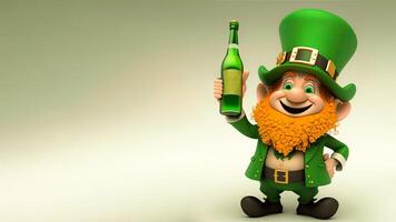 3d machen von heiter Kobold Mann Charakter halten Alkohol Flasche auf Pastell- Grün Hintergrund. st. Patrick's Tag Konzept. foto
