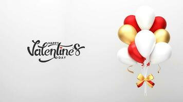 glücklich Valentinstag Tag Schriftart mit glänzend realistisch Luftballons gebunden mit Band auf Licht grau Hintergrund. foto