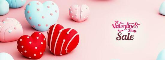 Valentinsgrüße Tag Verkauf Banner oder Header Design mit 3d machen, Herz Formen dekoriert auf Rosa Hintergrund. foto