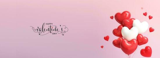 glücklich Valentinstag Tag standee Poster oder Banner Design mit 3d machen, rot und Weiß Herz Luftballons Bündel. foto