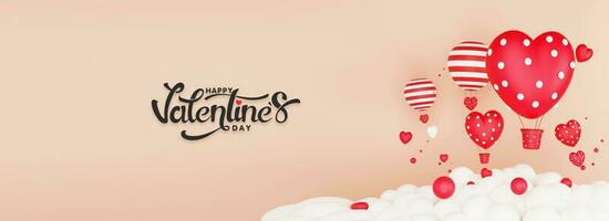 glücklich Valentinstag Tag Header oder Banner Design mit 3d machen, Herz Formen, heiß Luft Luftballons und Wolken. foto